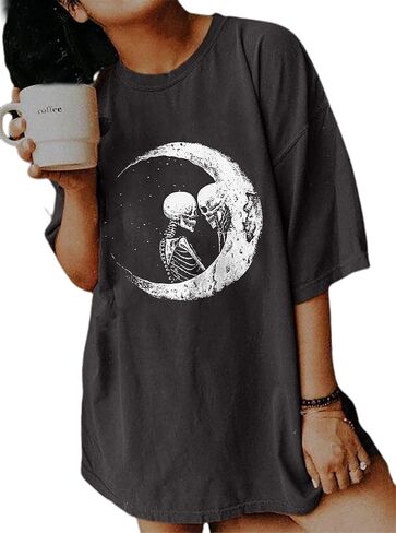 تي شيرت Y2K Moon Skull Skeleton كبير الحجم للهالوين برسومات مضحكة عتيقة للنساء من Casua ملابس علوية فضفاضة... in Kuwait