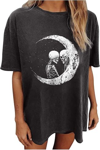 تي شيرت Y2K Moon Skull Skeleton كبير الحجم للهالوين برسومات مضحكة عتيقة للنساء من Casua ملابس علوية فضفاضة... in Kuwait