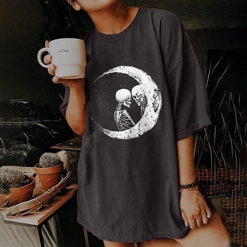تي شيرت Y2K Moon Skull Skeleton كبير الحجم للهالوين برسومات مضحكة عتيقة للنساء من Casua ملابس علوية فضفاضة... in Kuwait