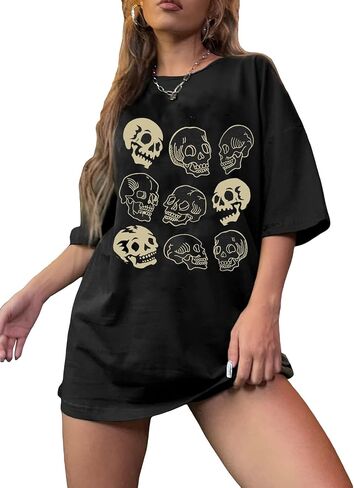 تي شيرت Y2K Moon Skull Skeleton كبير الحجم للهالوين برسومات مضحكة عتيقة للنساء من Casua ملابس علوية فضفاضة... in Kuwait