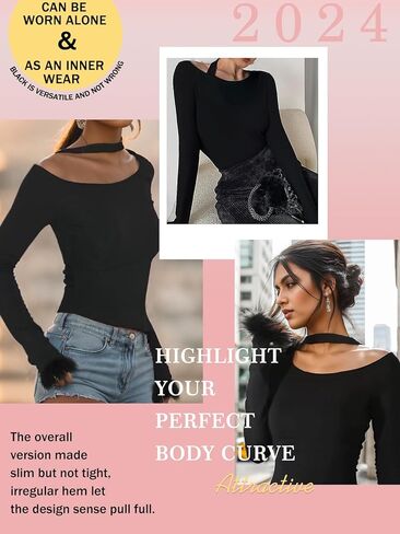 المرأة مثير قارب الرقبة معلقة متماسكة طويلة الأكمام قميص فروي ريشة مكبل غير النظامية هيم أسفل قميص عادية in Kuwait