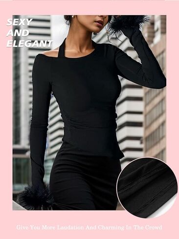 المرأة مثير قارب الرقبة معلقة متماسكة طويلة الأكمام قميص فروي ريشة مكبل غير النظامية هيم أسفل قميص عادية in Kuwait