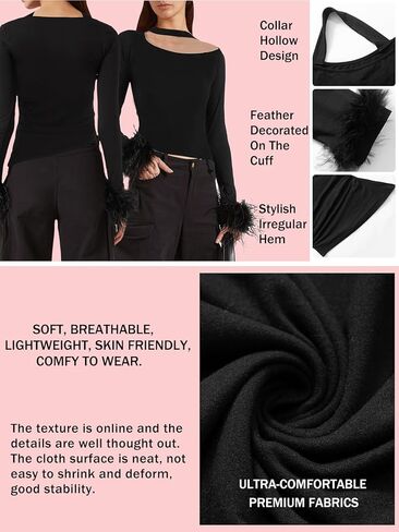 المرأة مثير قارب الرقبة معلقة متماسكة طويلة الأكمام قميص فروي ريشة مكبل غير النظامية هيم أسفل قميص عادية in Kuwait