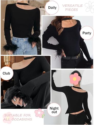 المرأة مثير قارب الرقبة معلقة متماسكة طويلة الأكمام قميص فروي ريشة مكبل غير النظامية هيم أسفل قميص عادية in Kuwait