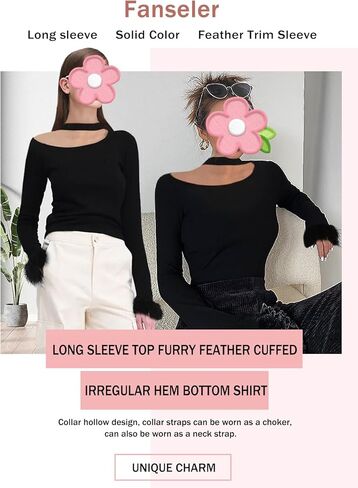 المرأة مثير قارب الرقبة معلقة متماسكة طويلة الأكمام قميص فروي ريشة مكبل غير النظامية هيم أسفل قميص عادية in Kuwait