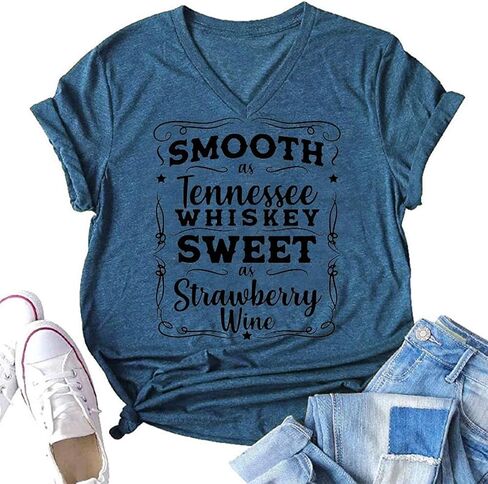 Smooth as Tennessee Whiskey Sweet as Strawberry Wine Shirt Women Country Music Tee Letter Print Drinking T-Shirt in Saudi Arabia