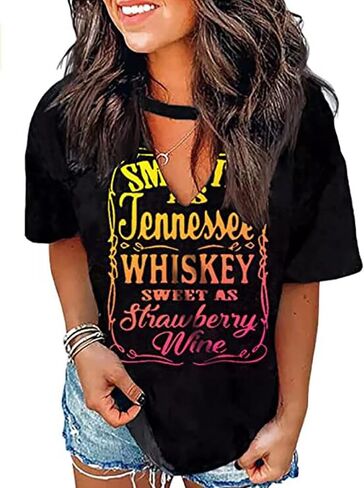 Smooth as Tennessee Whiskey Sweet as Strawberry Wine Shirt Women Country Music Tee Letter Print Drinking T-Shirt in Saudi Arabia