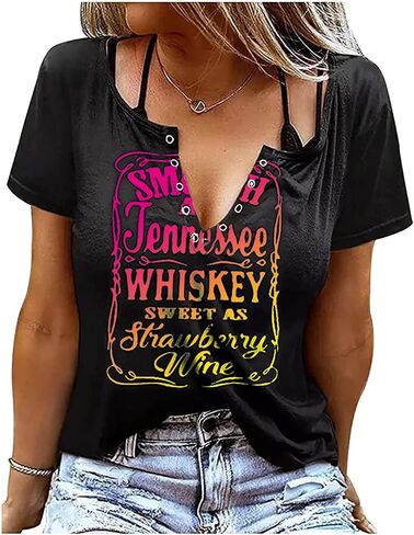 Smooth as Tennessee Whiskey Sweet as Strawberry Wine Shirt Women Country Music Tee Letter Print Drinking T-Shirt in Saudi Arabia