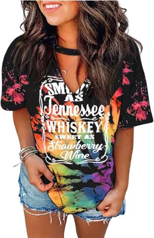 Smooth as Tennessee Whiskey Sweet as Strawberry Wine Shirt Women Country Music Tee Letter Print Drinking T-Shirt in Saudi Arabia