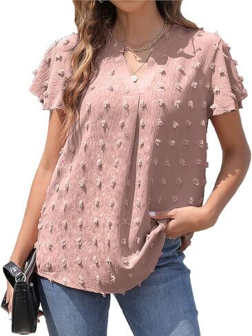 بلوزات نسائية بأكمام قصيرة مكشكشة من BOTHENIAL بلوزات عمل أنيقة غير رسمية لطيفة قمصان سويسرية منقطة بوم بومس in Kuwait