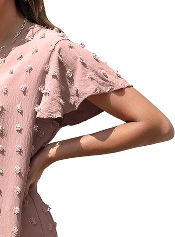 بلوزات نسائية بأكمام قصيرة مكشكشة من BOTHENIAL بلوزات عمل أنيقة غير رسمية لطيفة قمصان سويسرية منقطة بوم بومس in Kuwait