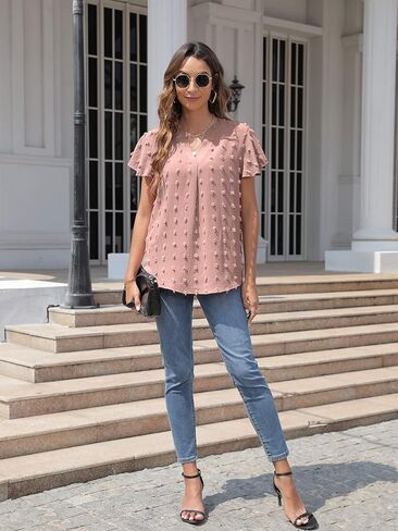 بلوزات نسائية بأكمام قصيرة مكشكشة من BOTHENIAL بلوزات عمل أنيقة غير رسمية لطيفة قمصان سويسرية منقطة بوم بومس in Kuwait