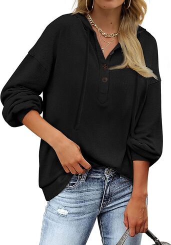 Saloogoe Hoodies Lightweight V Neck Sweatshirts Long Sleeve Shirts Loose Fit Sweaters S-2XL in Kuwait