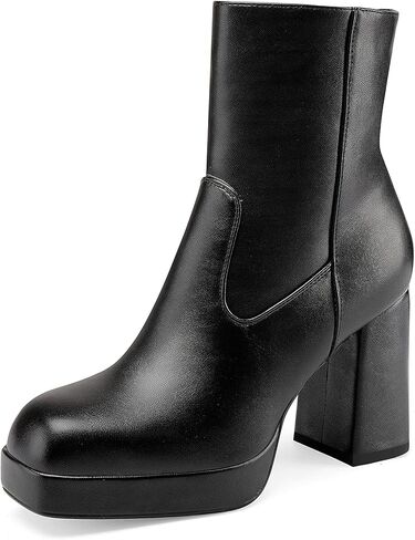 Women's Platform High Chunky Heeled Ankle Boots Cozy Leather Gogo Boots Square Toe Side Zipper Booties in Saudi Arabia