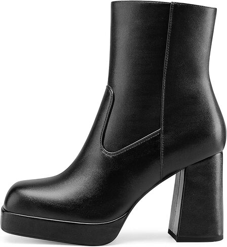 Women's Platform High Chunky Heeled Ankle Boots Cozy Leather Gogo Boots Square Toe Side Zipper Booties in Saudi Arabia