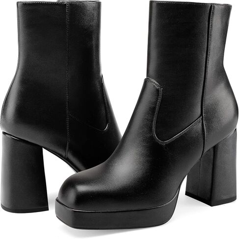 Women's Platform High Chunky Heeled Ankle Boots Cozy Leather Gogo Boots Square Toe Side Zipper Booties in Saudi Arabia