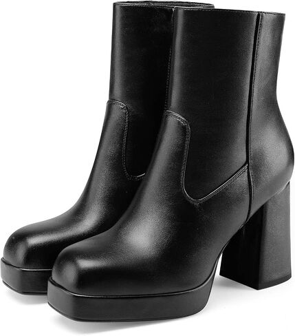 Women's Platform High Chunky Heeled Ankle Boots Cozy Leather Gogo Boots Square Toe Side Zipper Booties in Saudi Arabia