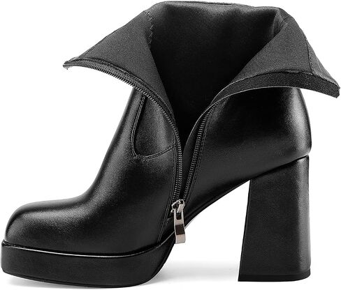 Women's Platform High Chunky Heeled Ankle Boots Cozy Leather Gogo Boots Square Toe Side Zipper Booties in Saudi Arabia
