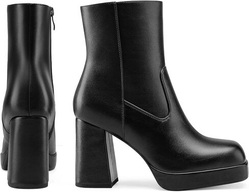 Women's Platform High Chunky Heeled Ankle Boots Cozy Leather Gogo Boots Square Toe Side Zipper Booties in Saudi Arabia
