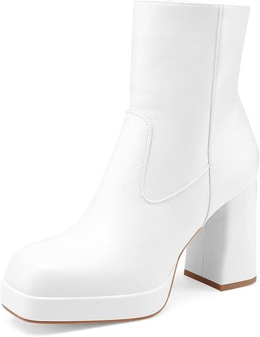 Women's Platform High Chunky Heeled Ankle Boots Cozy Leather Gogo Boots Square Toe Side Zipper Booties in Saudi Arabia