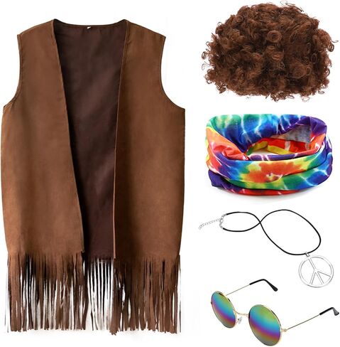 LiuSuper 5 قطع أزياء الهبي مجموعة هامش سترة شعر مستعار بني سترة زي ملحق للرجال النساء 60s 70s موضوع حفلة الهالوين التنكرية in Kuwait