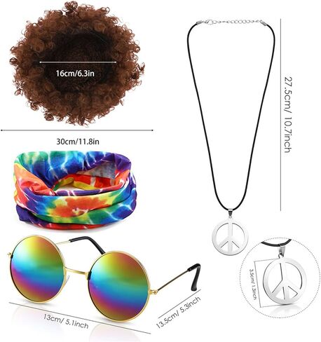 LiuSuper 5 قطع أزياء الهبي مجموعة هامش سترة شعر مستعار بني سترة زي ملحق للرجال النساء 60s 70s موضوع حفلة الهالوين التنكرية in Kuwait