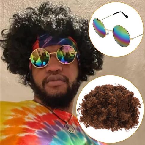 LiuSuper 5 قطع أزياء الهبي مجموعة هامش سترة شعر مستعار بني سترة زي ملحق للرجال النساء 60s 70s موضوع حفلة الهالوين التنكرية in Kuwait