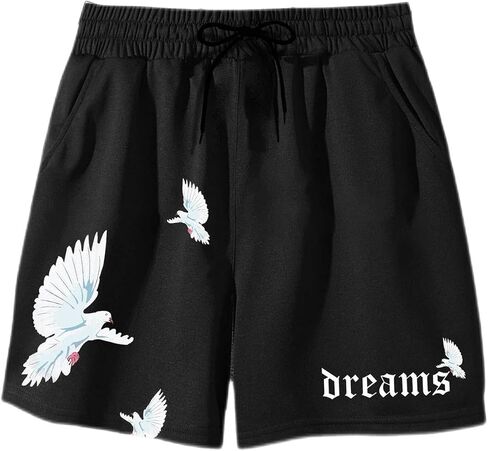 GORGLITTER Men's Cool Graphic Print Drawstring Elastic Waist Track Shorts with Pockets Letter Black Large in Saudi Arabia