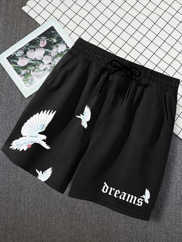 GORGLITTER Men's Cool Graphic Print Drawstring Elastic Waist Track Shorts with Pockets Letter Black Large in Saudi Arabia