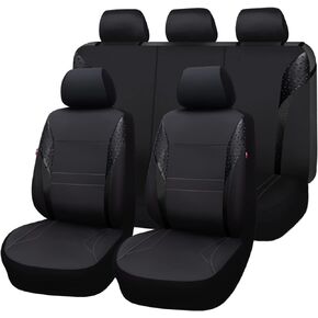 Flying Banner car seat Covers Protectors Full Set Synthetic Leather mesh Rear benc Split Fashion Woman Sporty Femal SUV Truck (Black Gray, Full Set - Low Back - Synthetic Leather)