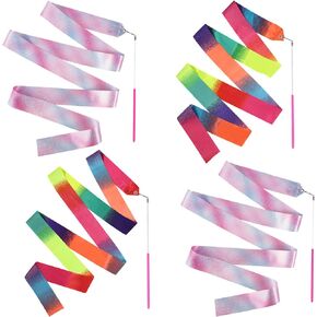 TOYMIS 4pcs Ribbons for Gymnastics, 78.7 Inch Sparkling Dance Ribbon Rainbow Ribbon Dancer Wand Streamer on a Stick for Kids Girls Artistic Dancing Training Birthday Party Favors