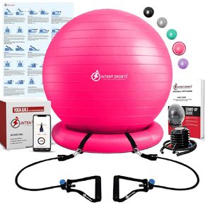 Yoga Ball Chair – Stability Ball with Inflatable Stability Base & Resistance Bands, Fitness Ball for Home Gym, Office, Improves Back Pain, Core, Posture & Balance (65 Cm)