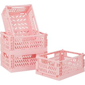 4-Pack Pink Plastic Storage Crate Small Baskets for Organizing Collapsible Storage Crates for Desk Organizers,Stackable Cute Storage Bins for Classroom,Office,Home,Bathroom,Girls Room Decor
