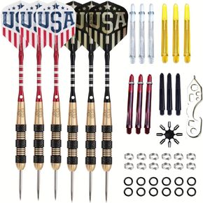 Steel Tip Darts Set - Professional Darts Steel Tip for Dartboard - Includes Brass Barrels + Plastic & Aluminum Shafts + Rubber O'Rings + Flights + Darts Sharpener + Wrench