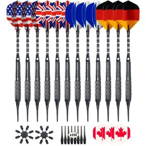 12 Pack Soft Tip Darts - Plastic Tip Darts 18 Grams with 100 Extra Dart Tips, 15 Flights, Dart Flight Protector, Aluminum Shafts and Rubber O-Rings
