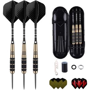 Steel Tip Darts Set for Dartboard, Professional Brass Darts Metal Tip Black Purple Aluminium Nylon Shafts 9 Flights 50 Rubber O-Rings 12 Spring Rings 1 Dart Sharpener Tool 24/27 Grams