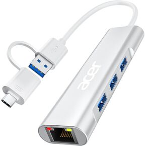 محول Acer USB C إلى Ethernet، موزع USB-A/C 4 في 1 مع 3 شبكات USB-A 3.1 و1 جيجابت في الثانية RJ45، ومحول USB-C إلى LAN لأجهزة MacBook Pro Air وSurface وChromebook وAcer والكمبيوتر المحمول والمزيد