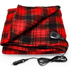 Camco Polar Fleece Heated Blanket - Power Cord Plugs into 12V Vehicle Power Outlet | Great for Cold Weather, Traveling, or Emergencies - Plaid Red (42897), 59" x 43"