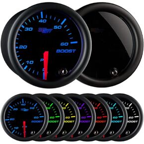 GlowShift Tinted 7 Color 60 PSI Turbo Boost Gauge Kit - Includes Mechanical Hose & Fittings - Black Dial - Smoked Lens - for Diesel Trucks - 2-1/16" 52mm