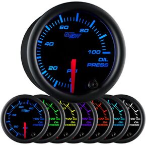 GlowShift Black 7 Color 100 PSI Oil Pressure Gauge Kit - Includes Electronic Sensor - Black Dial - Clear Lens - for Car & Truck - 2-1/16" 52mm