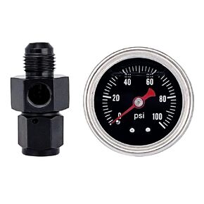 Fuel Pressure Gauge with 6AN Fuel Pressure Take Off Fitting, 0-100Psi, 1-1/2" Black Dial, 1/8"NPT Center Back Mount, Glycerin Filled, An6 Adapter