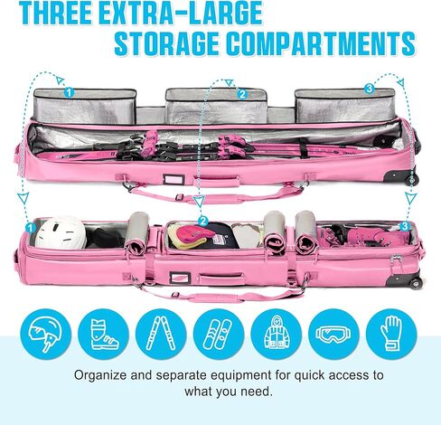 حقيبة تزلج مزدوجة متدحرجة مبطنة مقاومة للماء على الجليد مع عجلات للسفر الجوي حقيبة تزلج بعجلات قابلة للطي للتزلج الفردي أو مجموعتين من الزلاجات تستوعب حذاء التزلج in Kuwait