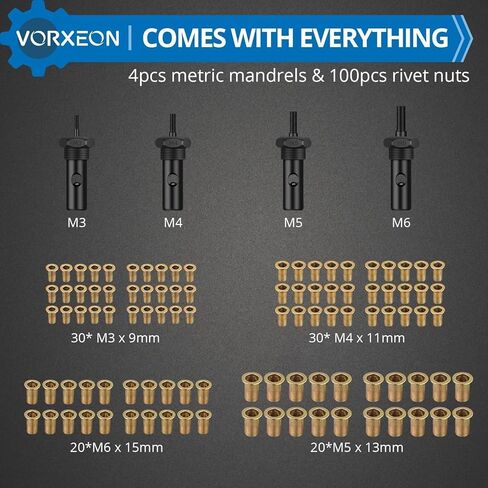 8" Rivet Nut Tool Kit with 100Pcs Nuts, Hand Rivnut Insert Tool with 4Pcs Metric Mandrel M3 M4 M5 M6 in Saudi Arabia