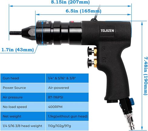 TOJIZEN متري هوائي برشام أداة الجوز برشام الجوز - M6، M8 5/16 وM10 3/8 بوصة رؤوس بندقية - مجموعة مسدس برشام تعمل بالهواء لRivnut، Nutsert، إدراج مترابطة، المهنية الهواء المبرشم وأداة الجوز Rivnut in Kuwait