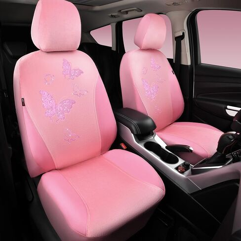 أغطية مقاعد أمامية من الجلد المخملي الوردي من CAR PASS® Barbie، أغطية مقاعد أمامية للسيارة على شكل فراشة مطرزة بالترتر للفتيات الجميلات، متوافقة مع الوسادة الهوائية، تناسب عالمي 95% شاحنة سيدان لسيارات الدفع الرباعي (وردي) in Saudi Arabia