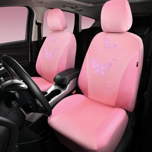 أغطية مقاعد أمامية من الجلد المخملي الوردي من CAR PASS® Barbie، أغطية مقاعد أمامية للسيارة على شكل فراشة مطرزة بالترتر للفتيات الجميلات، متوافقة مع الوسادة الهوائية، تناسب عالمي 95% شاحنة سيدان لسيارات الدفع الرباعي (وردي) in Saudi Arabia