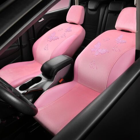 أغطية مقاعد أمامية من الجلد المخملي الوردي من CAR PASS® Barbie، أغطية مقاعد أمامية للسيارة على شكل فراشة مطرزة بالترتر للفتيات الجميلات، متوافقة مع الوسادة الهوائية، تناسب عالمي 95% شاحنة سيدان لسيارات الدفع الرباعي (وردي) in Saudi Arabia