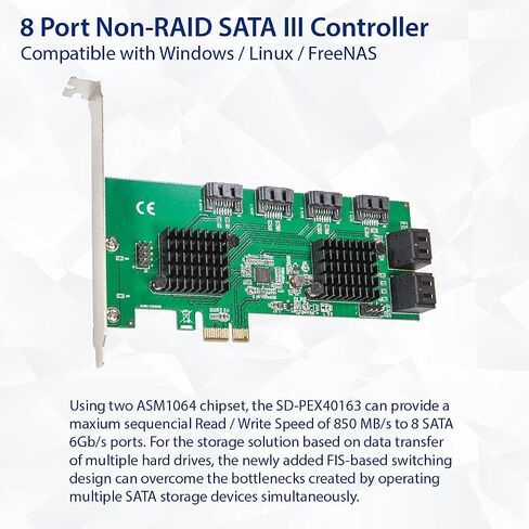 Syba 8 Port SATA III to PCIe 3.0 x1 Non-RAID Expansion Card Dual ASM1064 Low Profile Bracket,SD-PEX40163 in Saudi Arabia