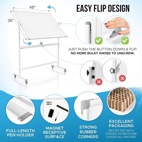 لوحة بيضاء متحركة كبيرة الحجم على عجلات (48 × 36 بوصة) تتضمن لوحة كبيرة للمخططات الورقية، ومخططات مغناطيسية، والمزيد! لوحة بيضاء مغناطيسية محمولة مزدوجة الجوانب قابلة للمسح الجاف مع حامل، وتكنولوجيا مقاومة للبقع in Kuwait