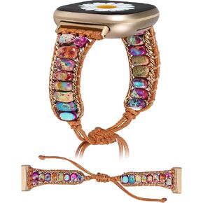 W-RARA Boho Stone Bracelet Compatible with Fitbit Versa 4/Versa 3/Sense 2/Sense Band for Women, Stylish Adjustable Handmade Solo Loop Chakra Energy Colorful Natural Stone Rope Braided Watch Strap